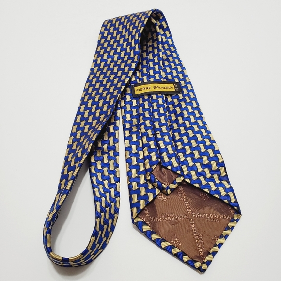 Pierre Balmain Necktie Blue & Gold Geometric Silk Neck Tie Jacquard Fabr… - Picture 5 of 5